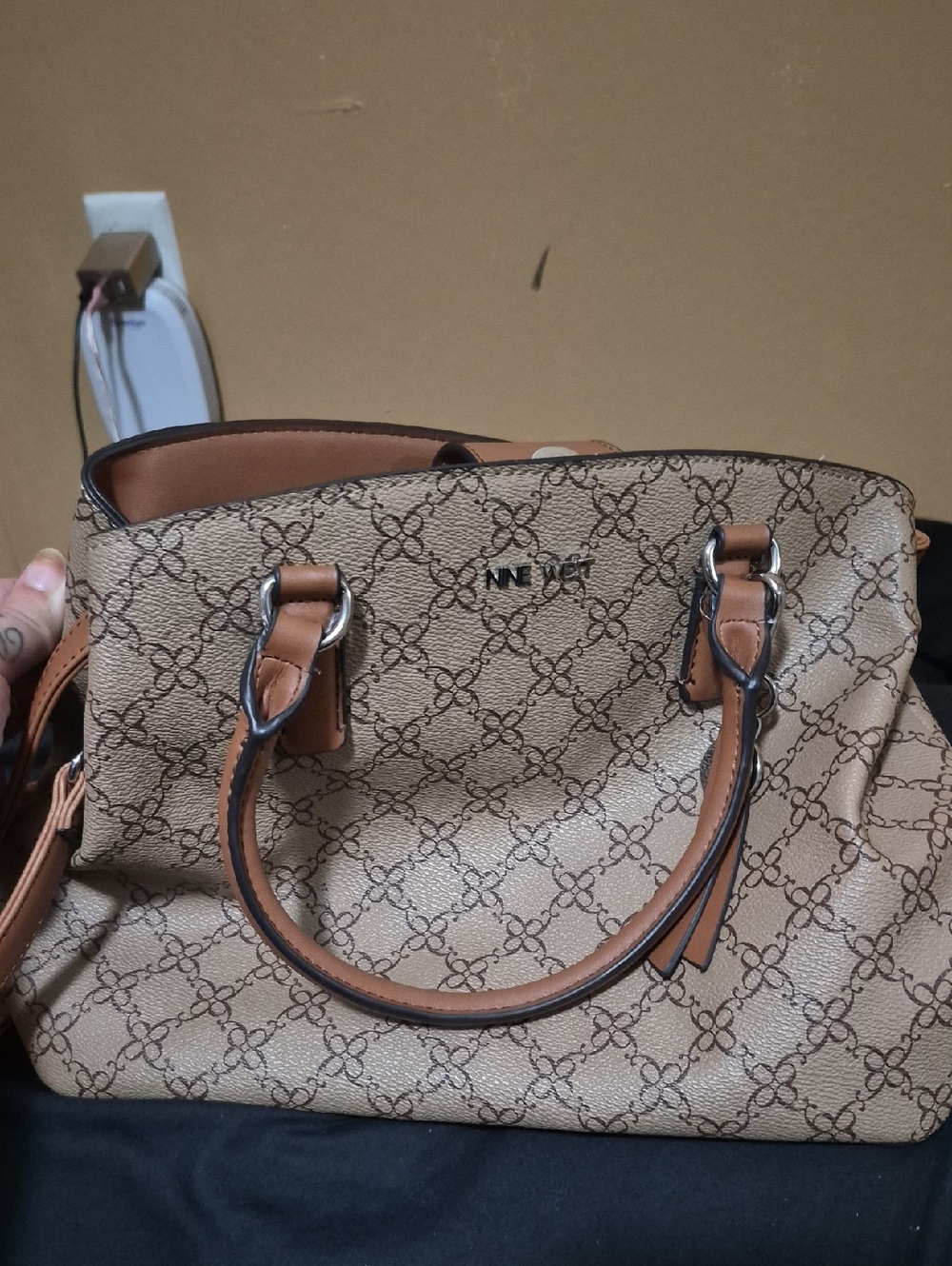 Nine West Tan Patterned Satchel with Brown Trim